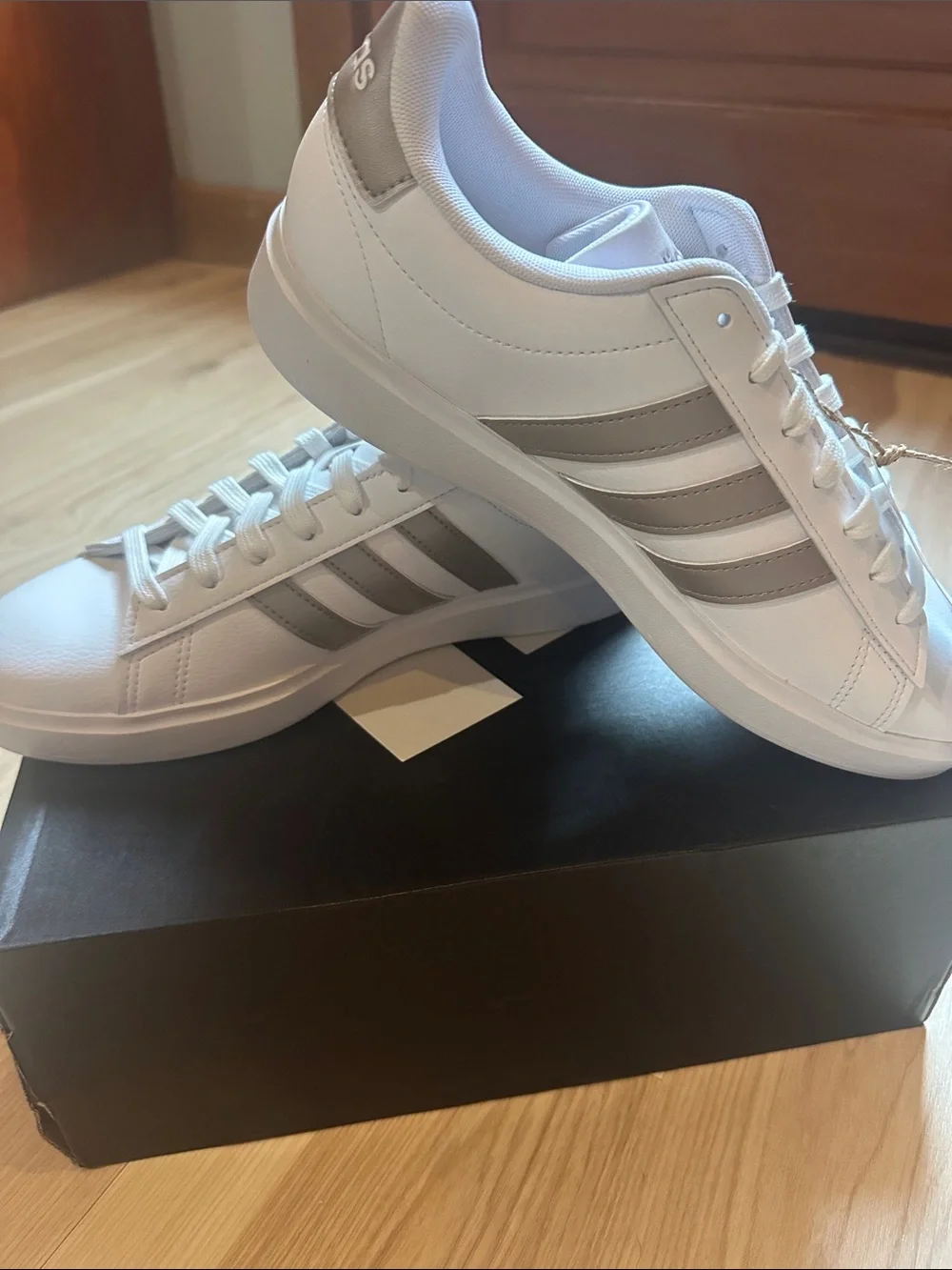 adidas White Sneakers with Gray Stripes